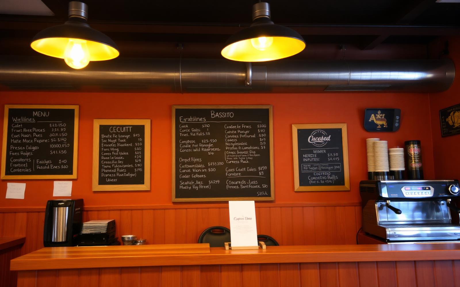 Warm interior of Le Castel bistro with pendant lights and chalkboard menus
